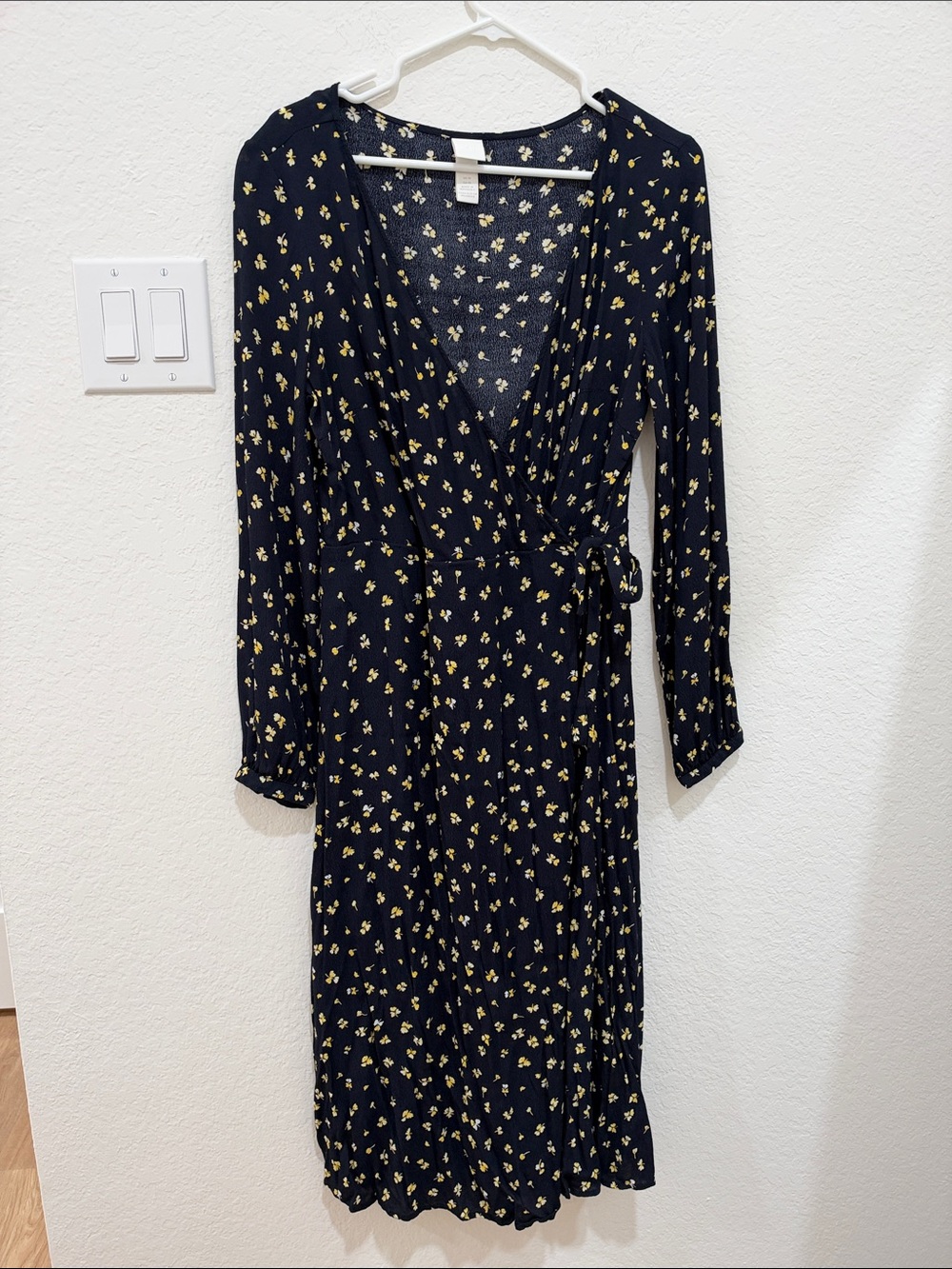 H&M Navy Midi Wrap Dress with Yellow Floral Print